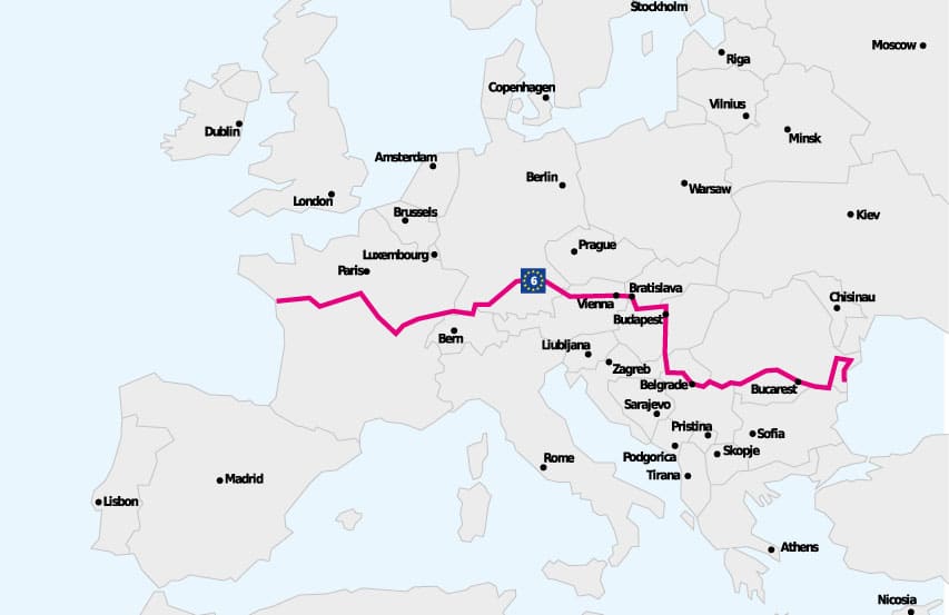 Plan de l'Eurovéloroute 6 entre Nantes et Constanta