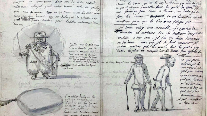 Les inventions d’Arlequin (vers 1670) de Jean Berain, présenté dans l’exposition « En scène ! », musée du Louvre, Paris, 2021 (©Guy Boyer).