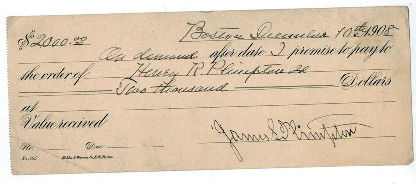 Un chèque signé de la main de James Leonard Plimpton