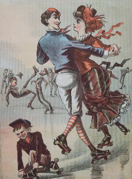 Couple dansant en patin à roulettes durant la période Victorienne