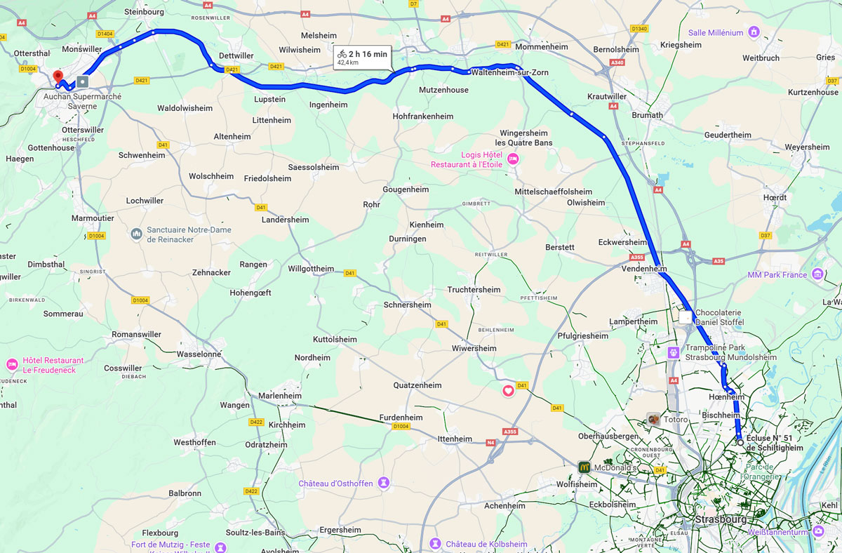Le tracé de la voie verte de Strasbourg à Saverne