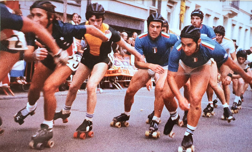 Franck Peyron durant le 5 km au Championnat du Monde à Louvain en 1981. A deux tours de l'arrivée, dans la roue du Belge Van de Perre, derrière l'équipe Italienne Cruciani et Depersio.