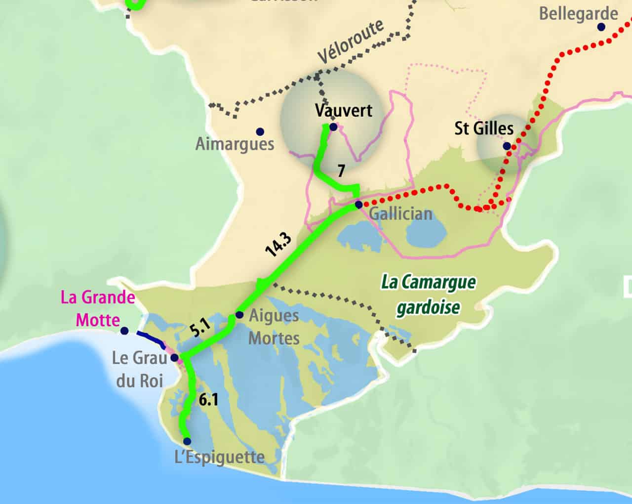 Plan de la voie verte de l'Espiguette à Vauvert