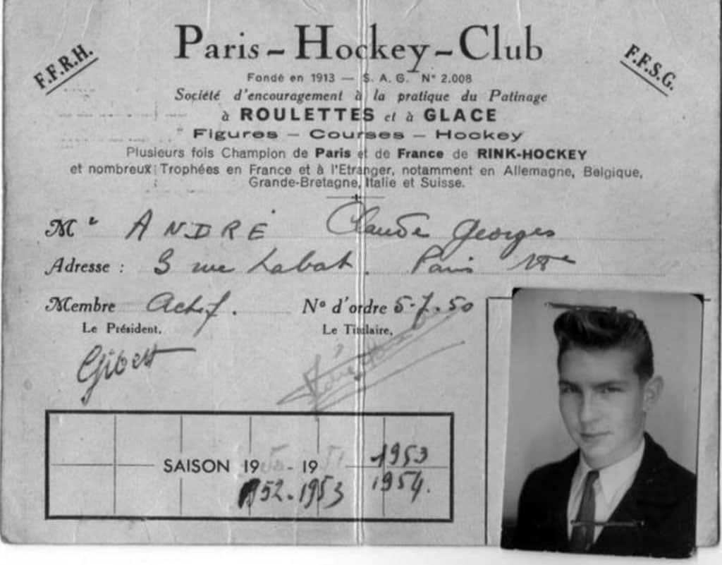 Licence de Claude André à la Fédération Française de Rink Hockey en 1950-1954