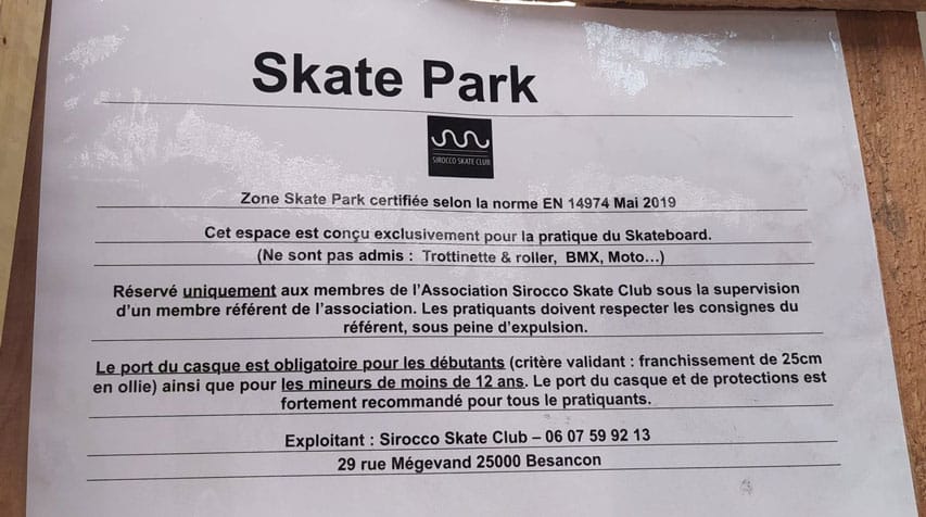 Règlement du skatepark CCUB de Besançon