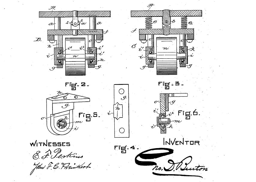 Brevet US307840 déposé par George Burton pour une paire de patin à roulettes avec des roulements à billes