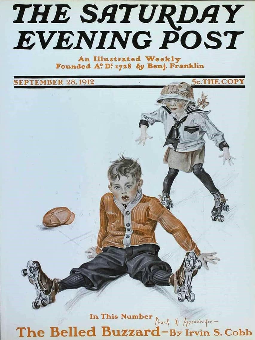 Le Saturday Evening Post &#8211; deux enfants patinent à roulettes