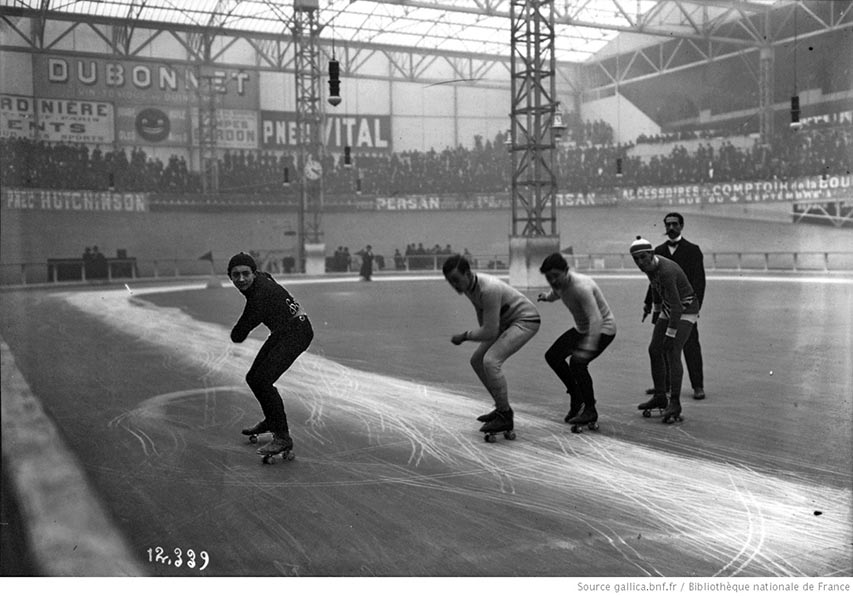 Course de roller de 4 kilomètres au Palais des Sports du Vel' d'Hiv avec Carey, Fleury, Nicod, Leveillé