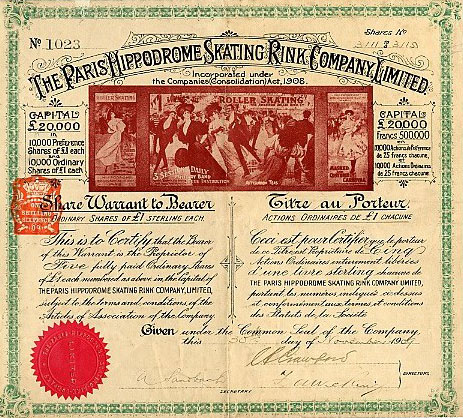 Titre au porteur de l'Hippodrome Skating Rink de Paris
