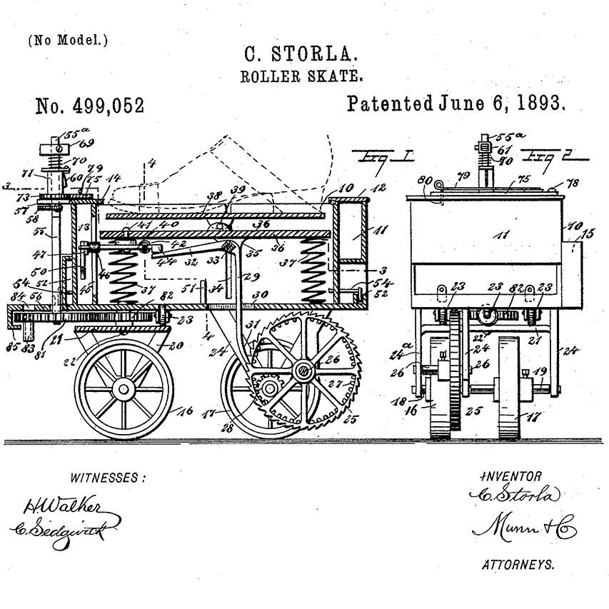 Le brevet de patin à roulettes mécanique de Storla