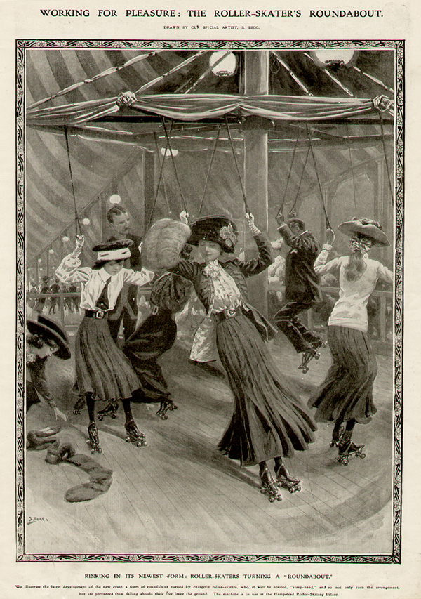 Une gravure sur bois intitulée « Working for pleasure : The Roller Skater's Roundabout » qui fut publiée dans « The Illustrated London News » le 18 décembre 1909.