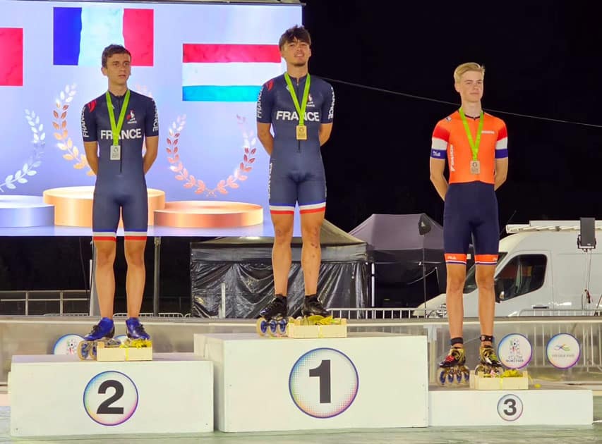 Podium juniors B hommes de la course à points sur route du championnat d'Europe roller course 2023