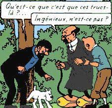 Le professeur Tournesol avec ses patins à roulettes à moteur dans l'album Coke en Stock en 1958