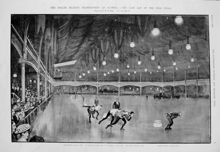 The Roller Skating Championship at Olympia - The last Lap of the Mile Final - 6 mars 1909 - dessiné par P.B. Hickling.
