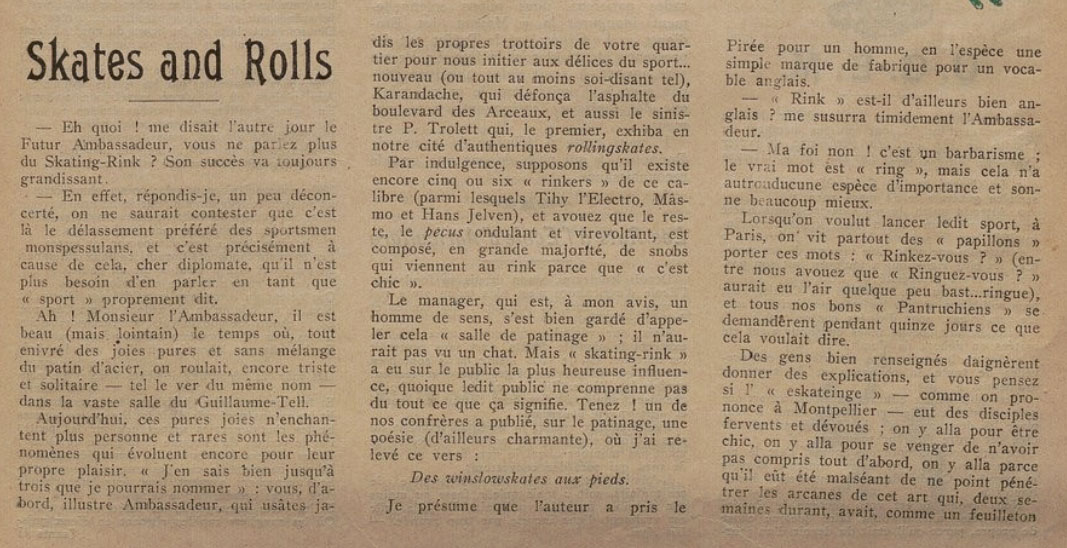 "Skate and Rolls", article de Skating Bull du 27 mars 1910