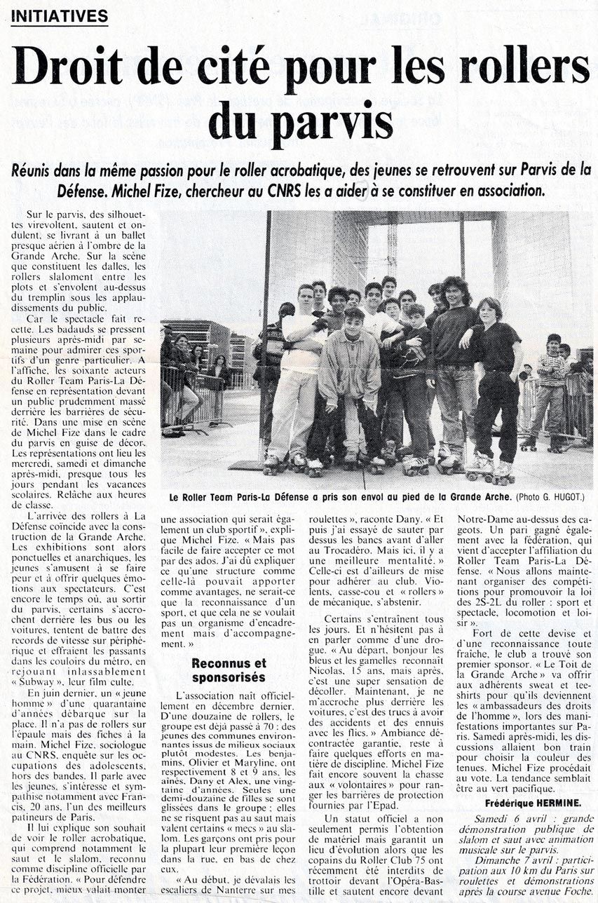 Article sur le Roller Team Paris La Défense - Le Figaro, 11 mars 1991
