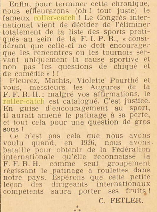 Le roller-catch exclu des sports de la FIPR
