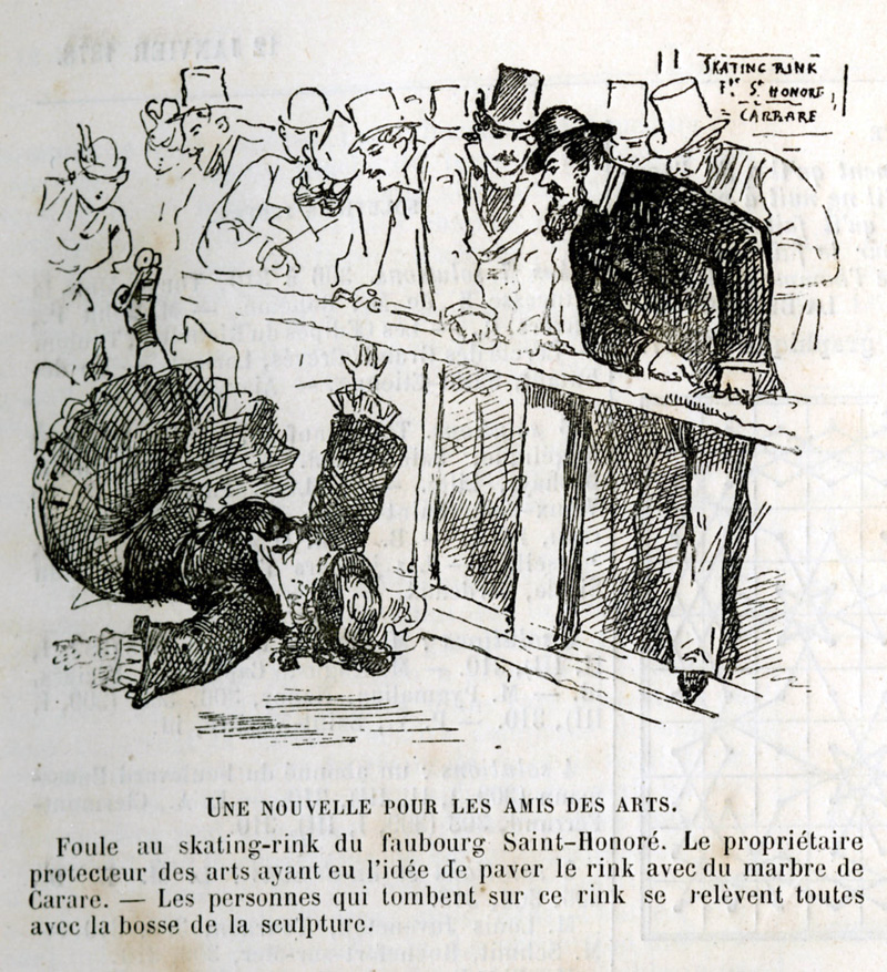 Chute sur le marbre de carare du skating-rink du Faubourg Saint-Honoré - dessin humoristique (1876)
