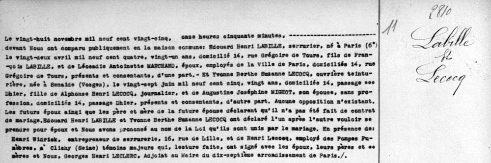 L'acte de mariage d'Yvonne Lecoq et Henri Labille, le 28 novembre 1925 (source : ville de paris)
