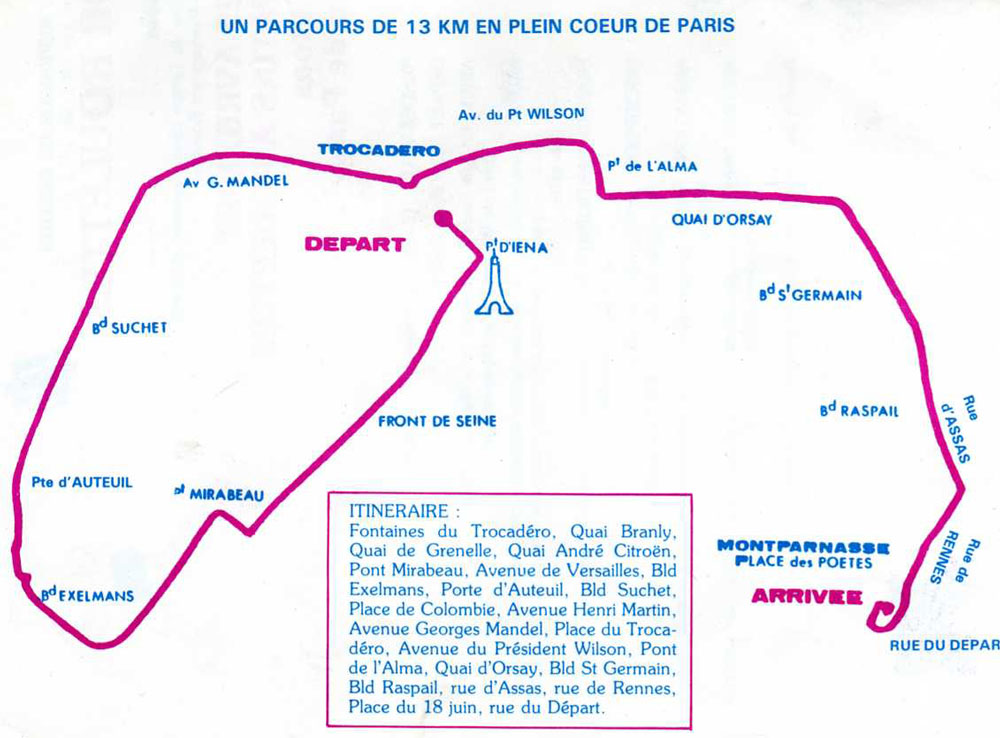 Le parcours de 13 km de la randonnée Paris sur Roulettes 1982