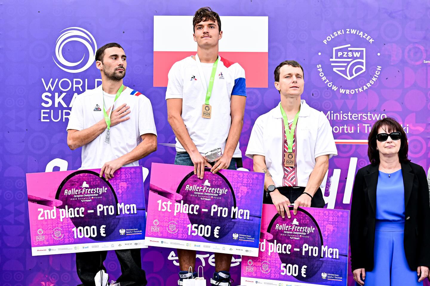 Podium des seniors hommes au championnat d'Europe de roller freestyle 2025