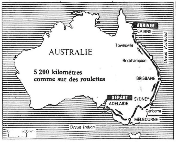 Le plan du parcours du raid roller Trans-Australie 1988
