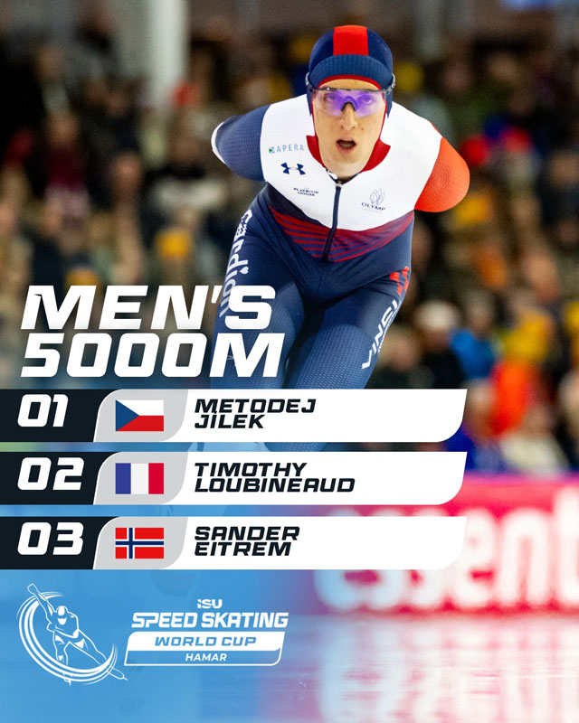 Metodej Jilek (CZE) vainqueur du 5000 m lors de la Coupe du Monde ISU de longue piste 2025 à Hamar (Norvège)
