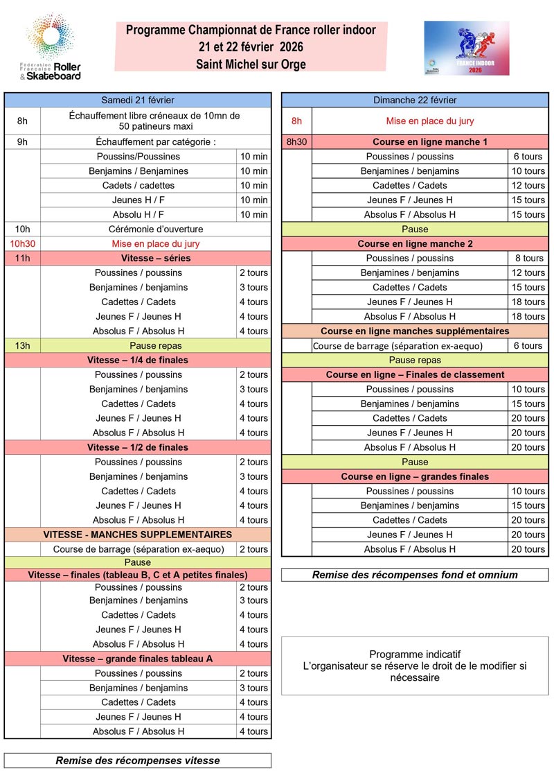 Programme du championnat de France Indoor de roller course 2026