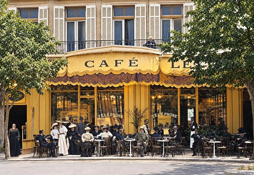 Devanture du Grand Café Leydet à Aix-en-Provence (photo restaurée par IA)