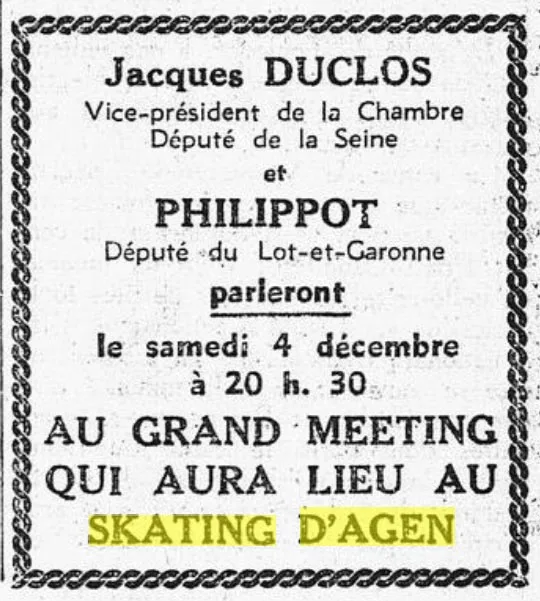 Meeting politique de Jacques Duclos au Skating d'Agen en 1937