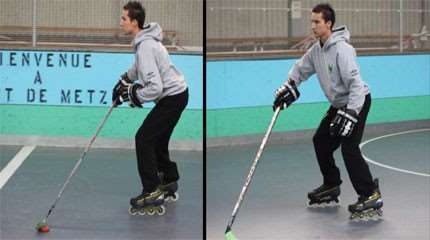 Le patinage en arrière avec une crosse de roller-hockey