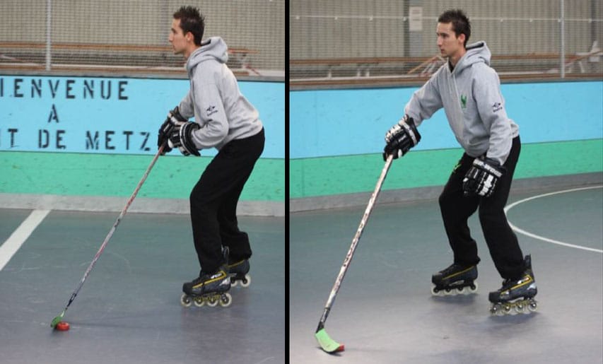 Le patinage en arrière avec une crosse de roller-hockey