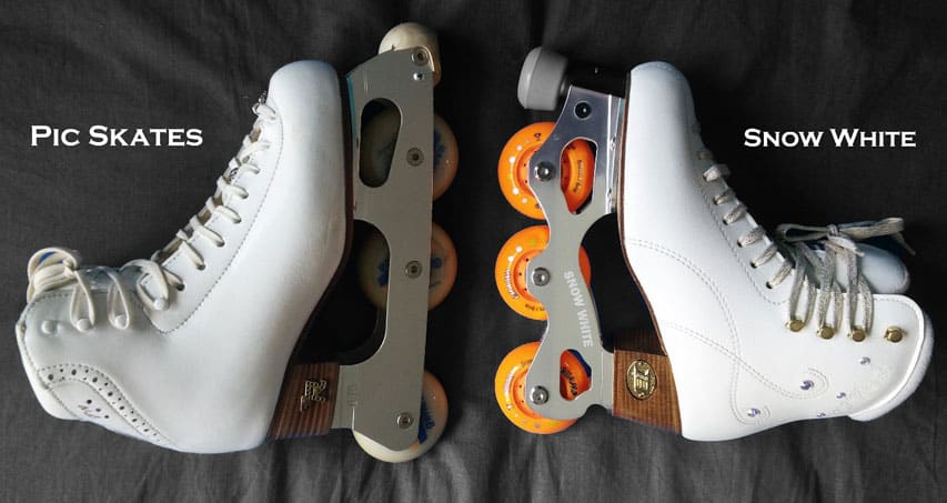 Bottines Risport RF3 pro avec platine Pic Skates P73 | à droite : bottines Belati Violetta avec platine Snow White