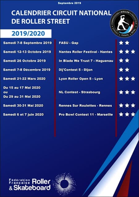 Le calendrier des étapes du circuit national roller street 2019-2020