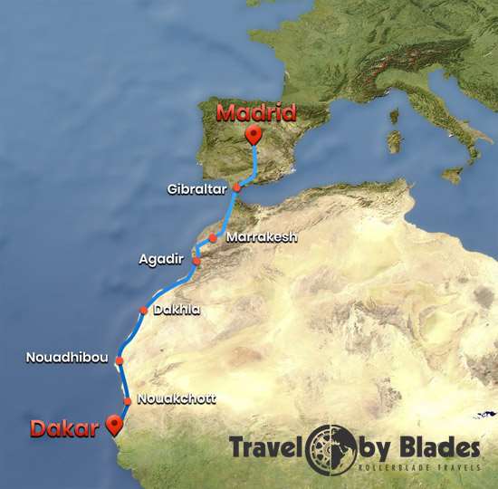 Carte du voyage de Johann Camboulive d'Espagne au Sénégal