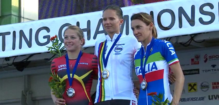 Podium des seniors dames sur 500 m piste