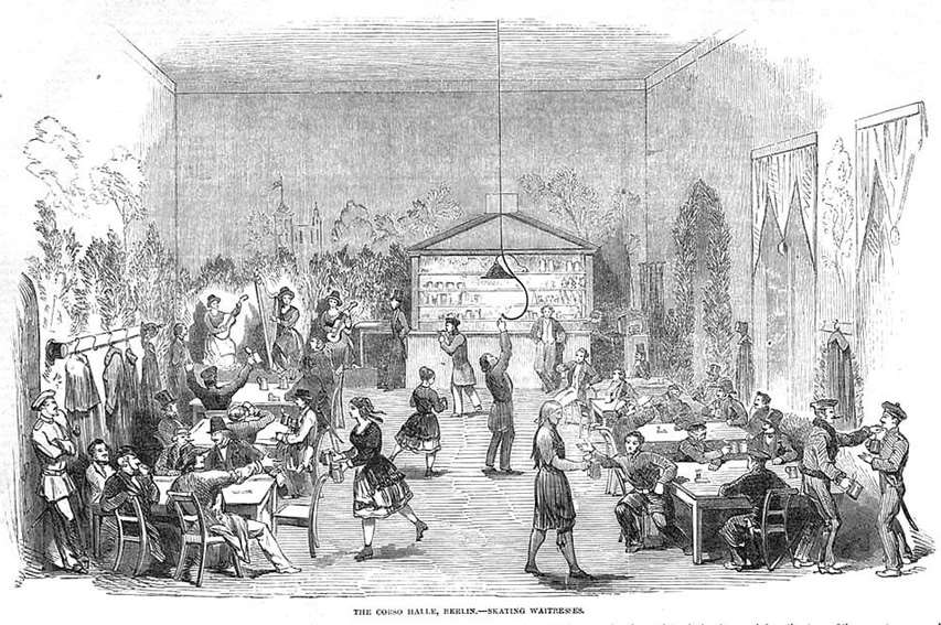 La Corso Halle de Berlin en 1851emploie des serveuses en patins à roulettes