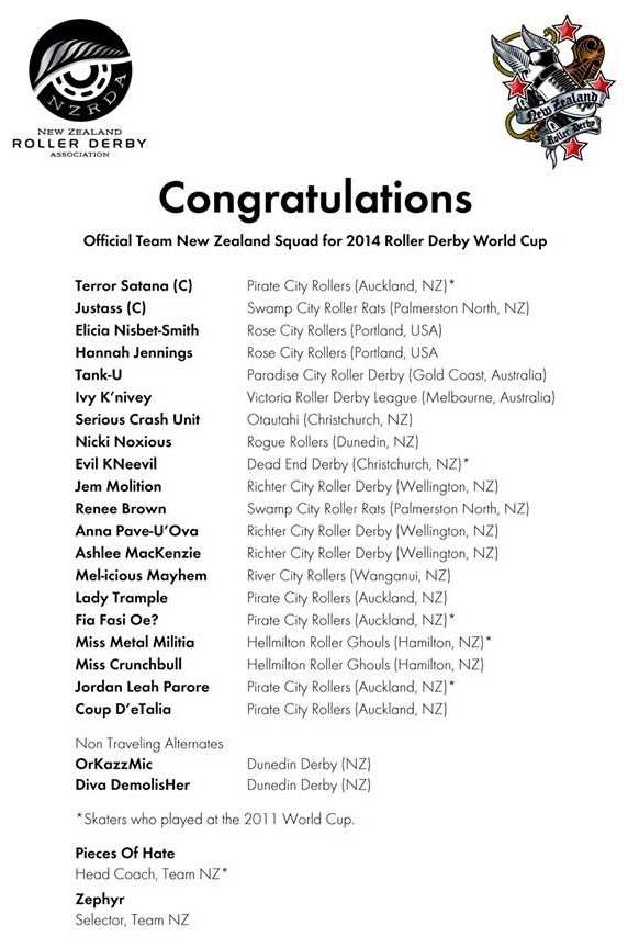 Roster de la Nouvelle-Zélande pour la Coupe du Monde de roller derby 2014 à Dallas (USA)