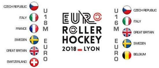 Les équipes en lice aux championnats d&rsquo;Europe U16 et U18 de roller hockey 2018 à Lyon (69)