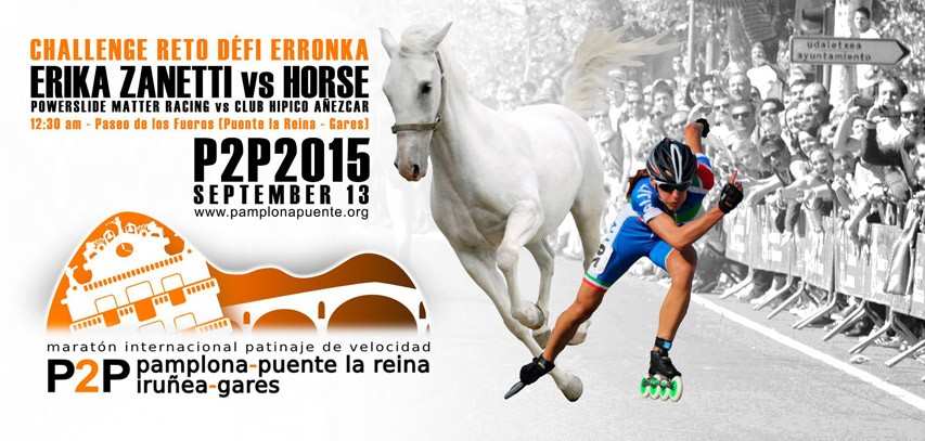 Skating / Horseback riding challenge at the 2015 Pamplona Marathon in Puente-la-Reina, Spain