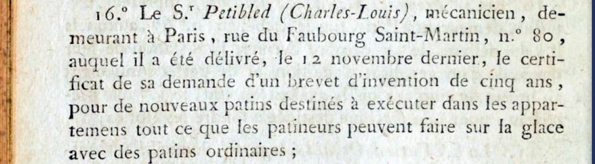 La date du premier brevet patin à roulettes déposé dans le monde