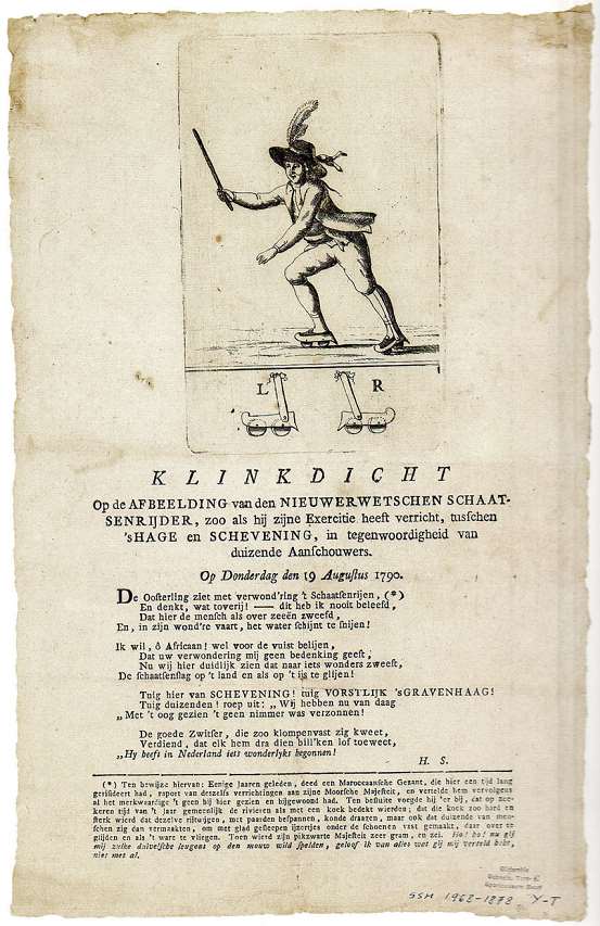 La première illustration d'un patineur à roulettes connue à ce jour (1790) La première illustration d'un patineur à roulettes connue à ce jour (1790)