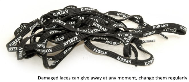 Worn laces may break at any time, change them regularly!