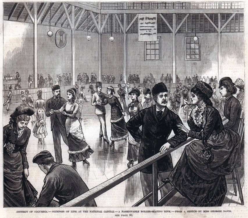 washington dc roller skating rink 14th st antique engraving original 1880